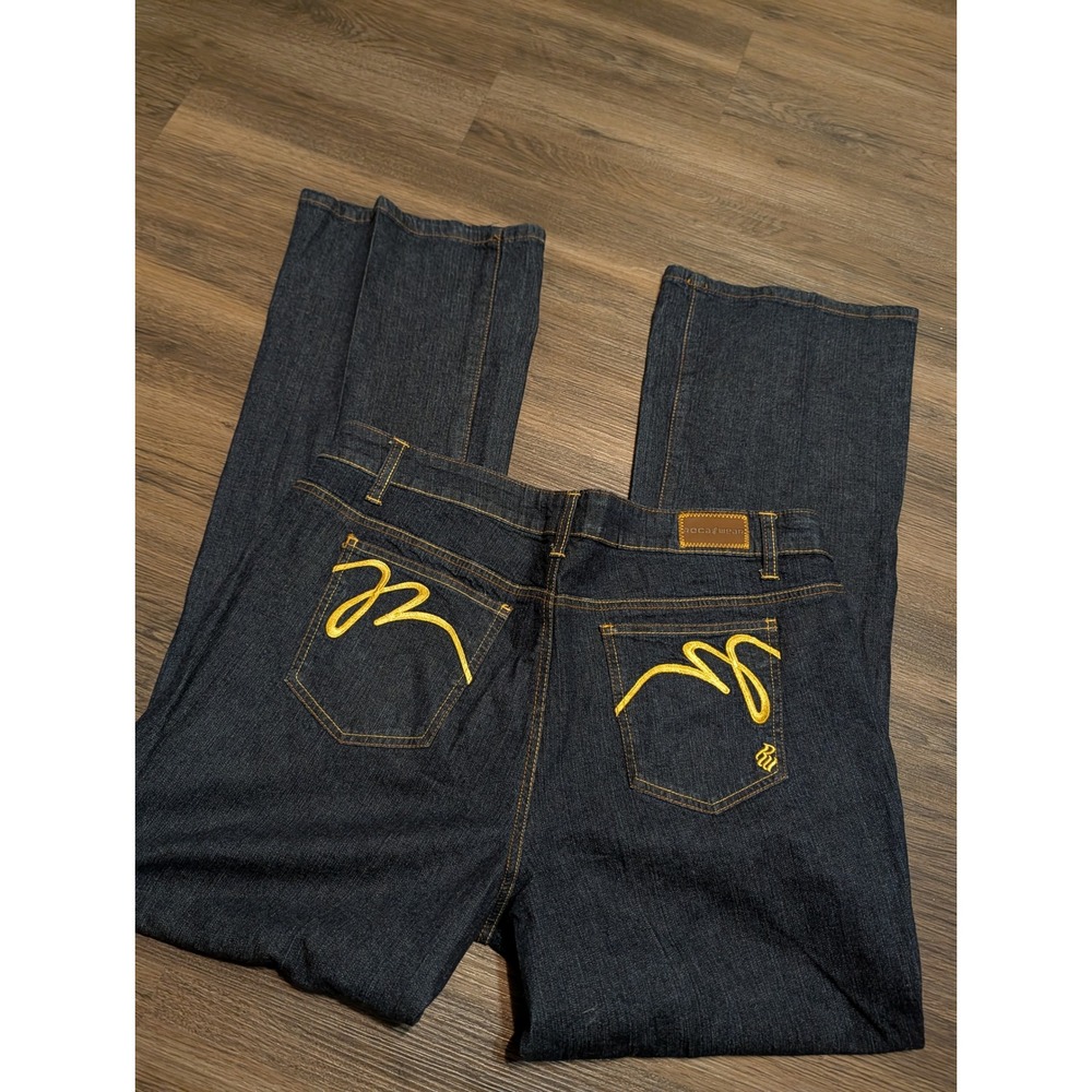 Rocawear Womens Size 20 Dark Wash Flare Leg Jeans Yellow Embroidered Pockets Y2K